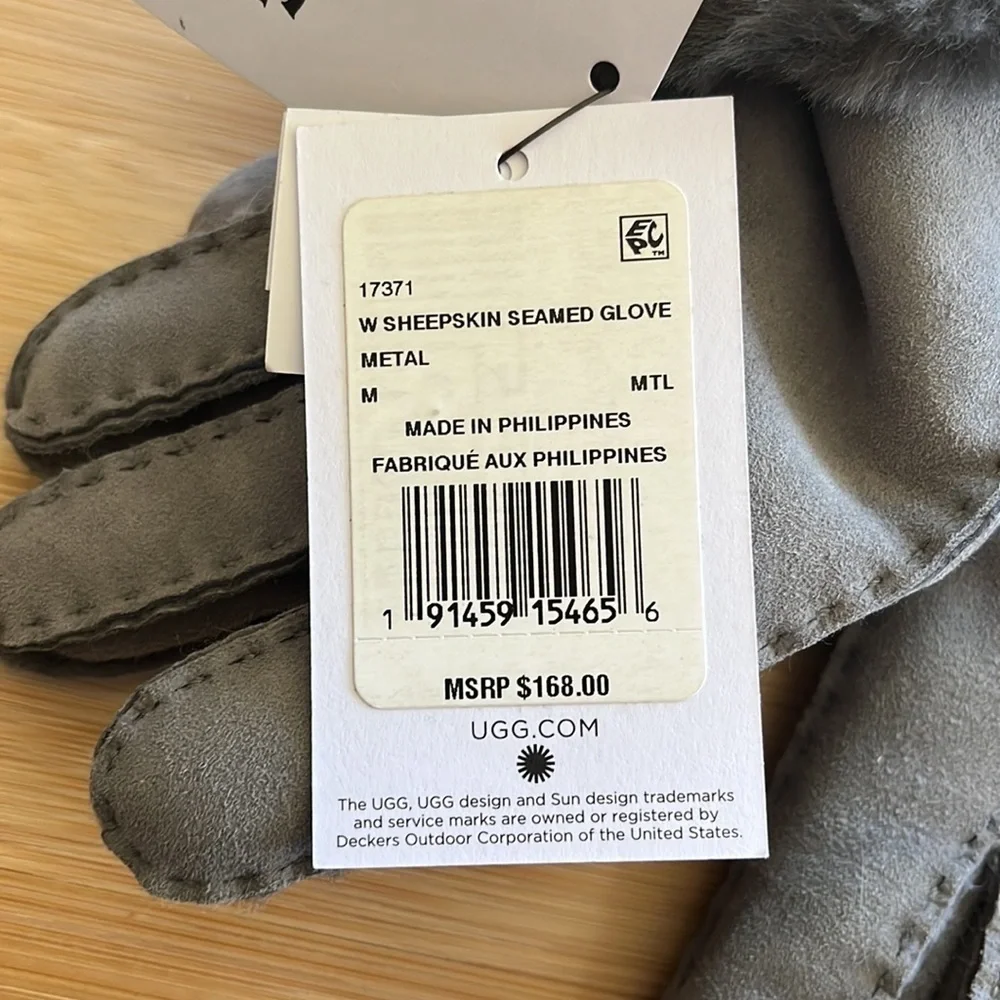 Brand New UGG Sheepskin Handsewn Seamed Gloves Gray Touchscreen Leather Trim